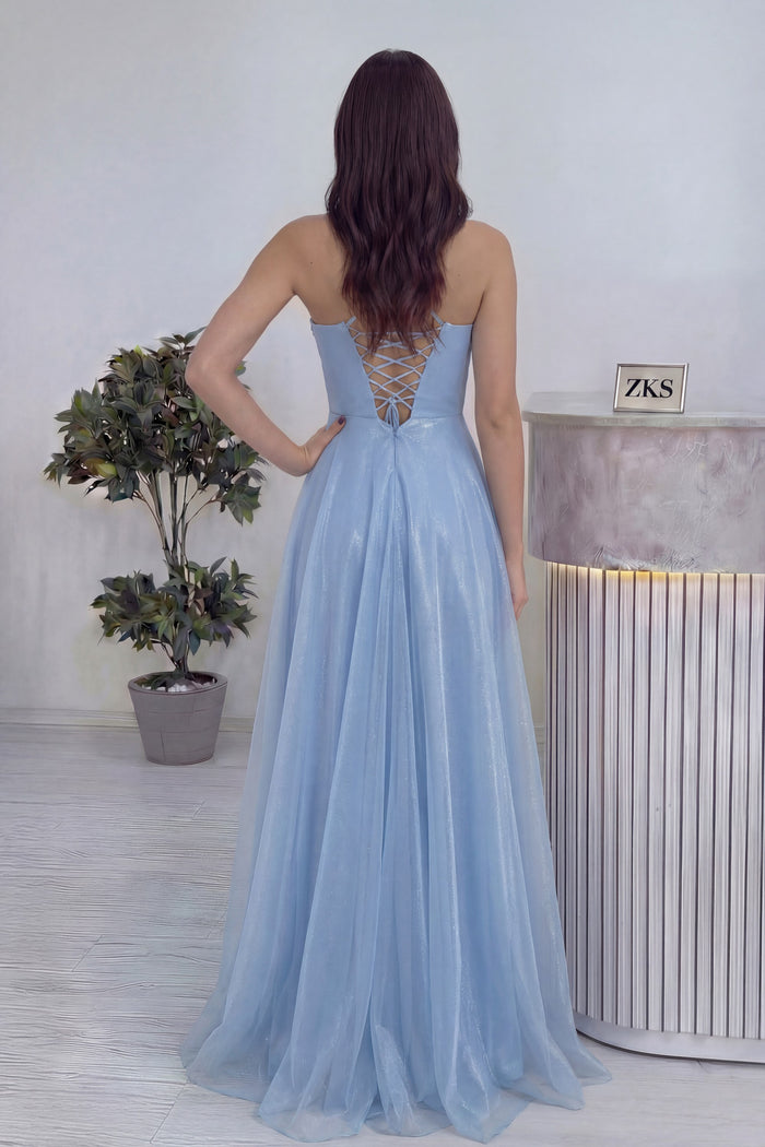 Kadın Bebe Mavi Askılı Yırtmaçlı Abiye Elbise