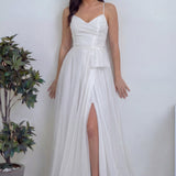 Kadın Beyaz Askılı Yırtmaçlı Nikah Abiye Elbise