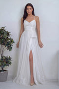 Kadın Beyaz Askılı Yırtmaçlı Nikah Abiye Elbise
