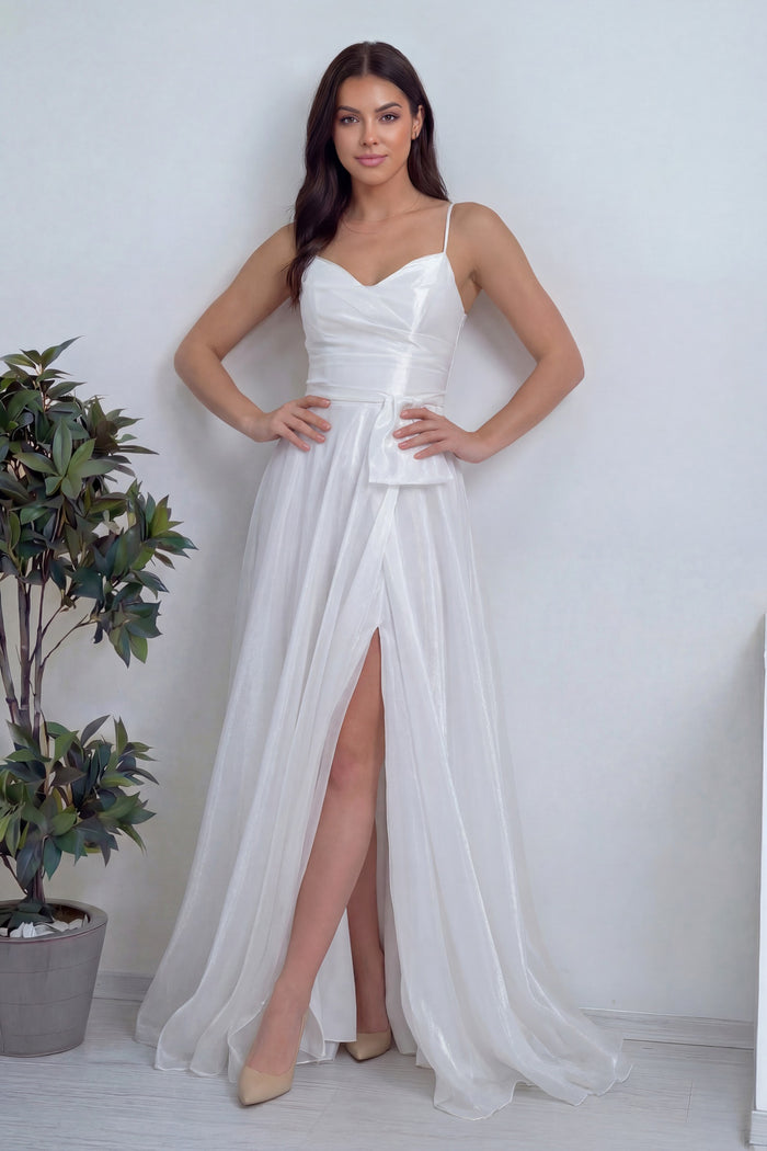 Kadın Beyaz Askılı Yırtmaçlı Nikah Abiye Elbise