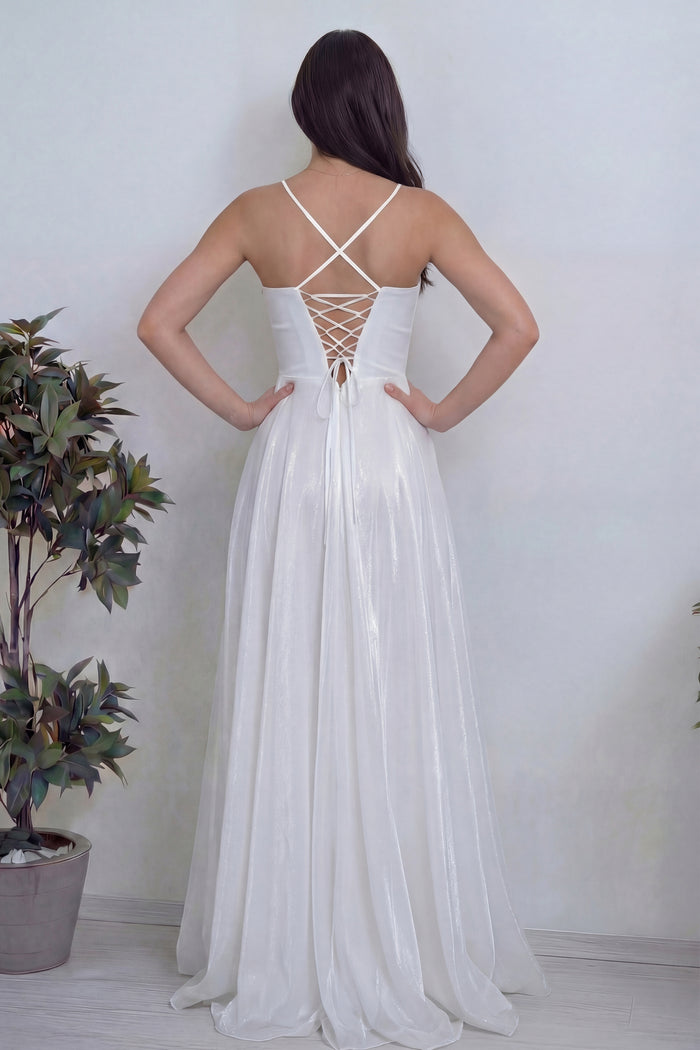 Kadın Beyaz Askılı Yırtmaçlı Nikah Abiye Elbise