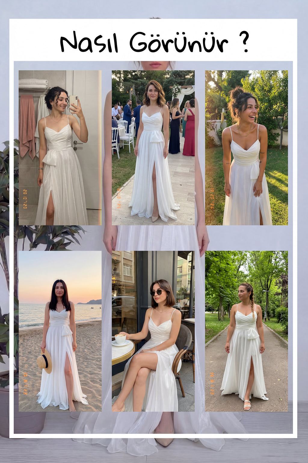 Kadın Beyaz Sırt Dekolteli Askılı Yırtmaçlı Nikah Abiye Elbise Denemeleri