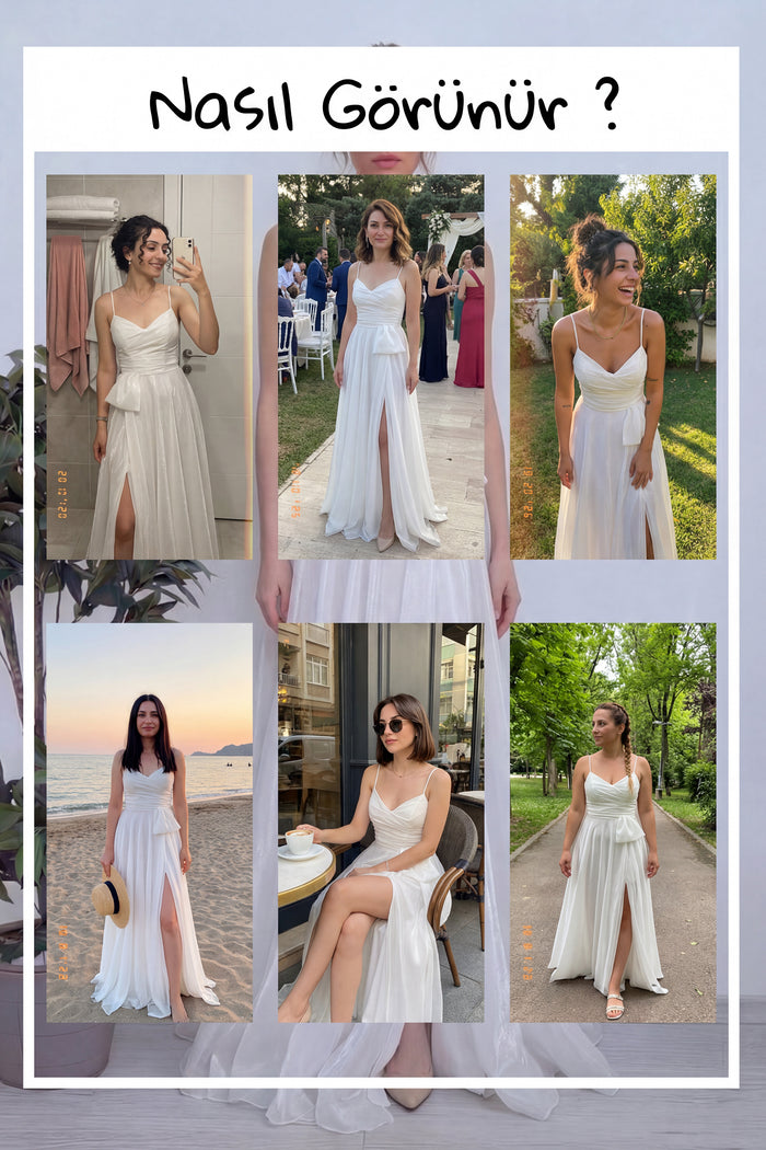 Kadın Beyaz Askılı Yırtmaçlı Nikah Abiye Elbise