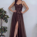 Kadın Kahverengi Askılı Yırtmaçlı Abiye Elbise