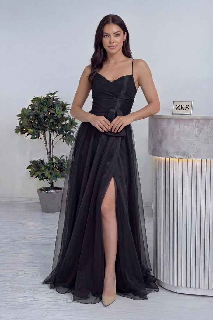 Kadın Siyah Askılı Yırtmaçlı Abiye Elbise