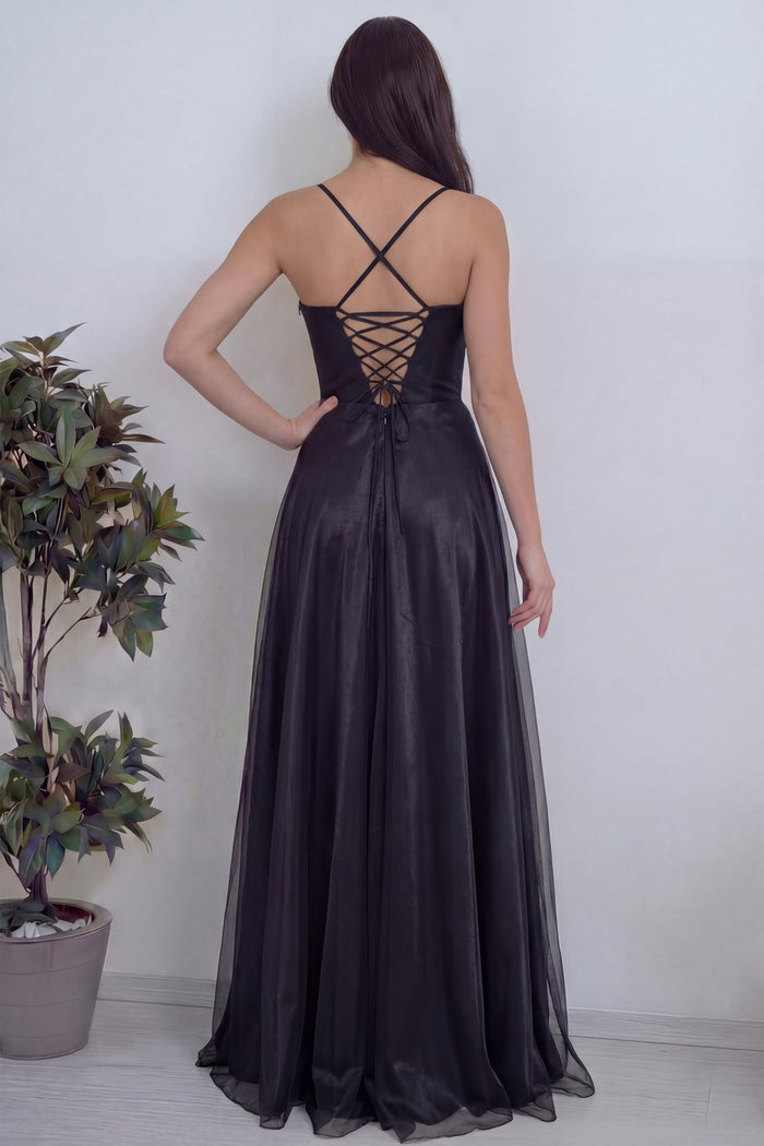 Kadın Siyah Askılı Yırtmaçlı Abiye Elbise