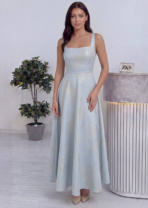 Bebe Mavi Jakarlı Çiçek Desenli Kare Yaka Midi Abiye