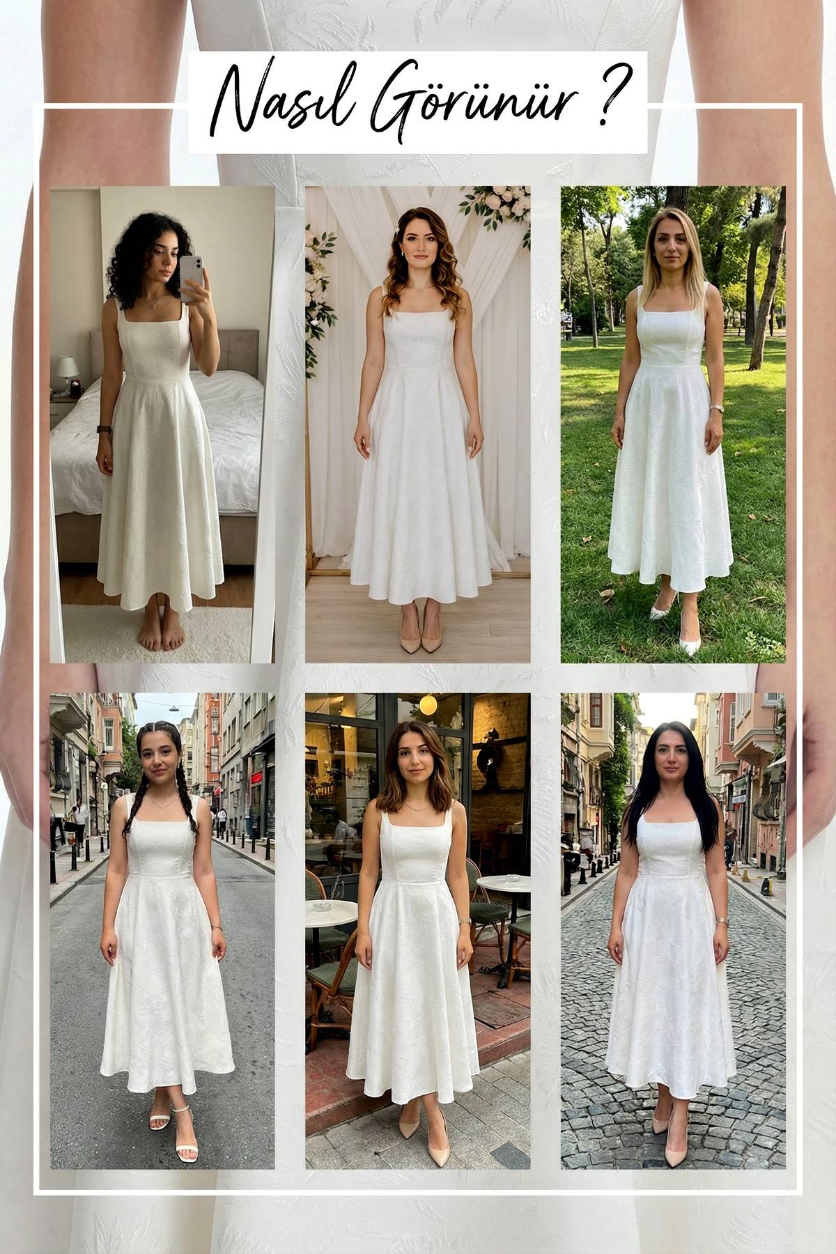 Beyaz Jakarlı Çiçek Kare Yaka Midi Abiye Denemeleri