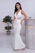 Uzun beyaz beli dantelli v yakalı balık model abiye söz nişan nikah için