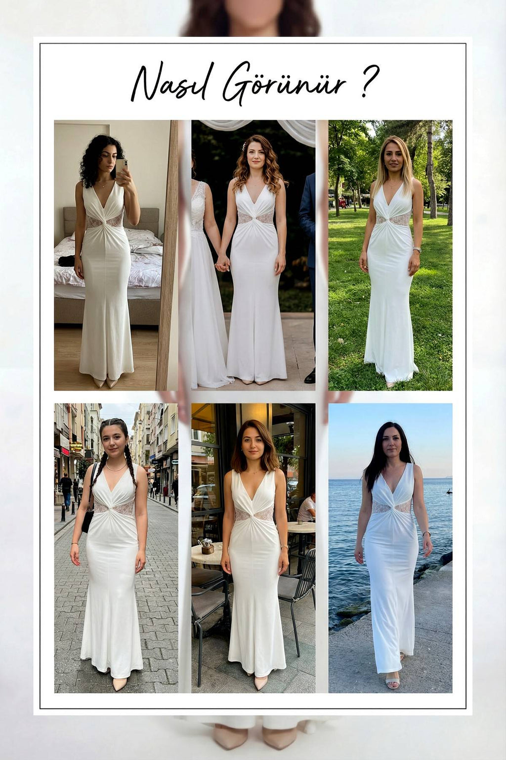 Beyaz dantel detaylı büzgülü uzun abiye  denemeleri nikah için
