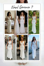 Beyaz dantel detaylı büzgülü uzun abiye  denemeleri nikah için
