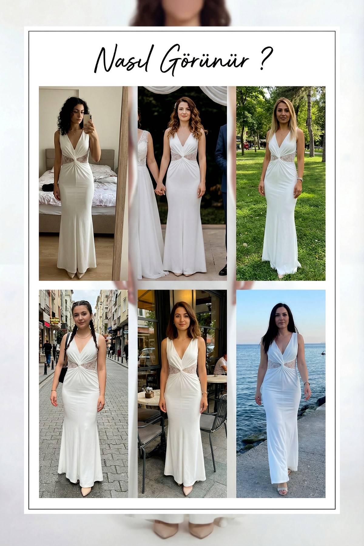 Beyaz dantel detaylı büzgülü uzun abiye  denemeleri nikah için
