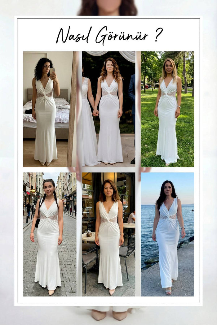 Beyaz Dantel Detaylı Büzgülü Uzun Abiye – Nikah