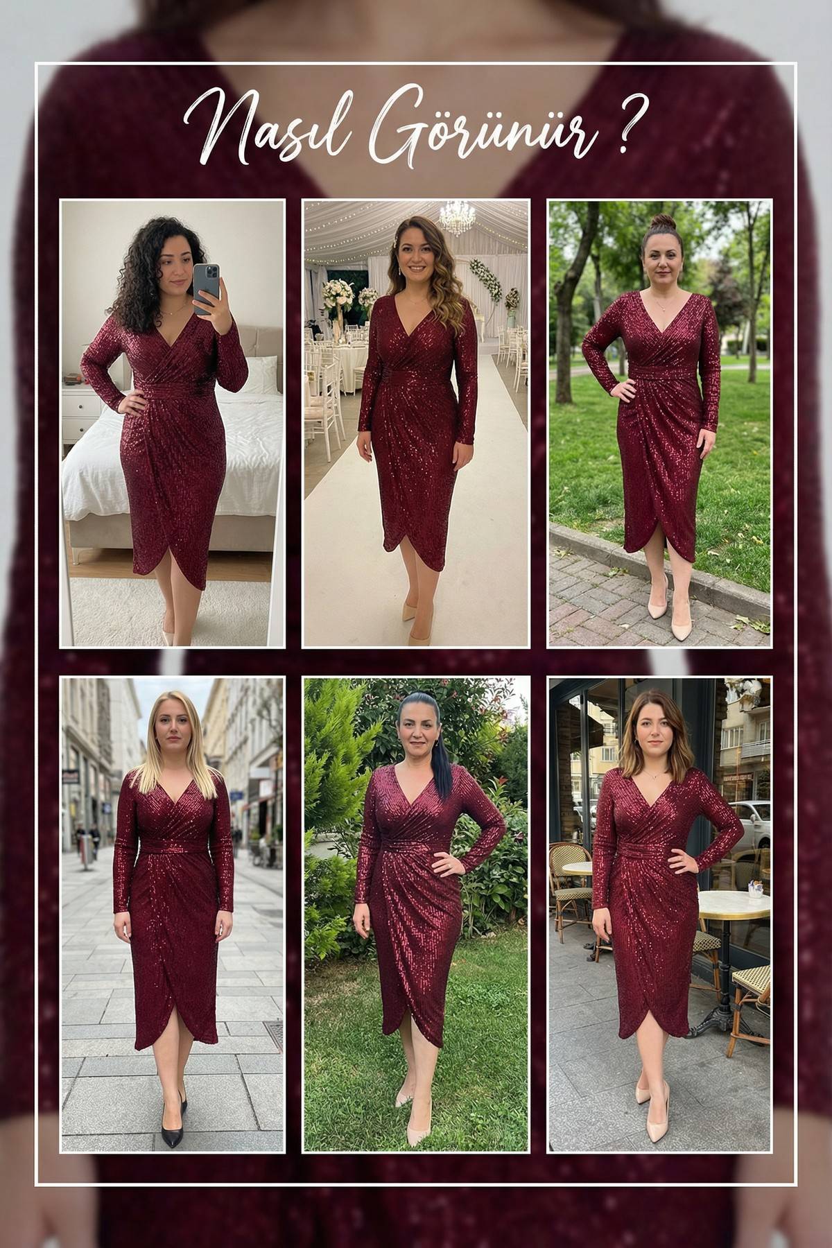 Bordo Kruvaze Yaka Payet Tasarım  Uzun Kollu Abiye Elbise ürün denemeleri