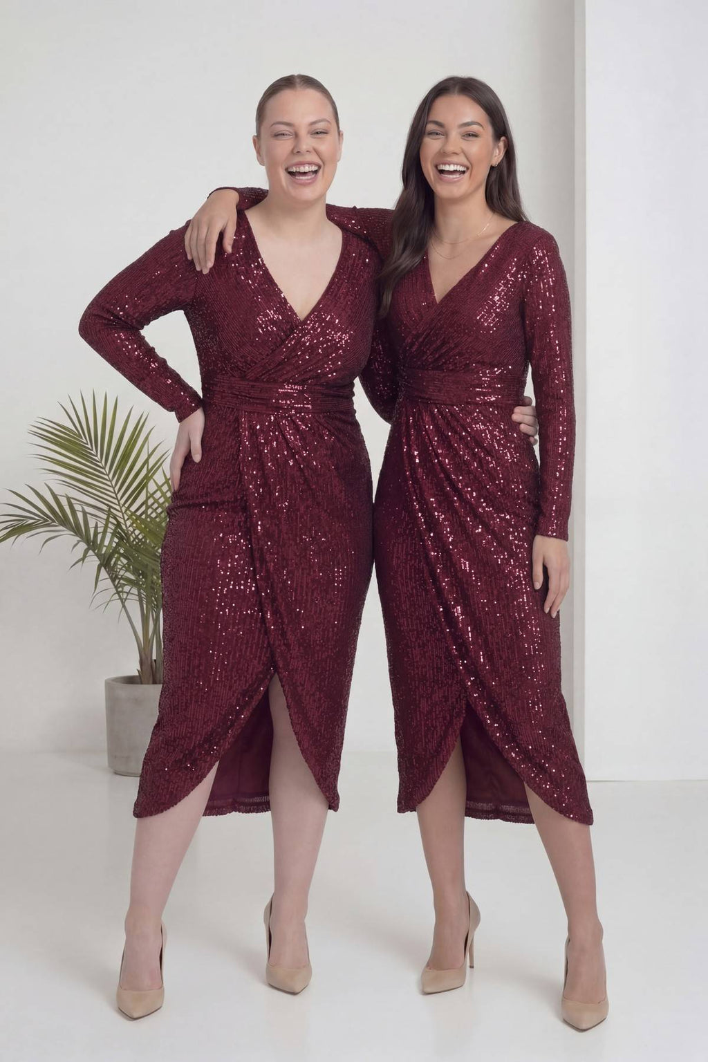 Boydan midi boy kruvaze yırtmaç bordo büyük beden abiye elbise 