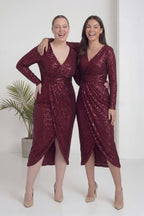 Boydan midi boy kruvaze yırtmaç bordo büyük beden abiye elbise 