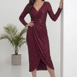 Bordo Kruvaze Yaka Payet Tasarım Uzun Kollu Abiye Elbise