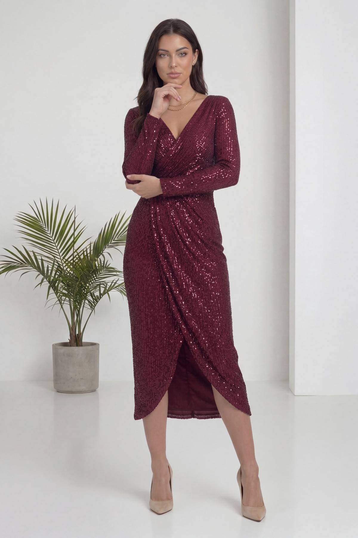 Bordo kadın midi boy payet büyük beden uzun kol abiye elbise 