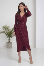 Büyük Beden Bordo Pul Payet Kruvaze Uzun Kollu Midi Abiye