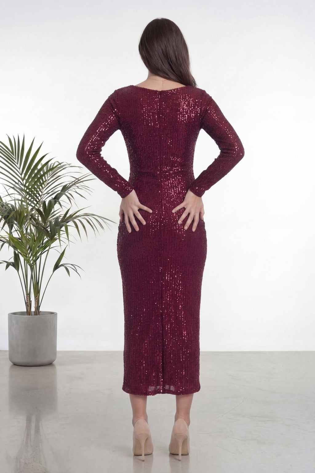 Bordo  Kruvaze Yaka Payet Tasarım Uzun Kollu Abiye Elbise
