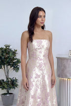 Kadın Bej Çiçek Desenli Straplez Jakar Midi Boy Abiye Elbise