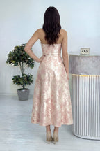 Arka detay fermuarlı midi boy çiçek desen davet abiye elbise 