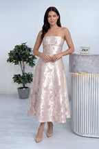 Çaprak ayak bej kadın a kesim parlak kumaş söz abiye elbise 