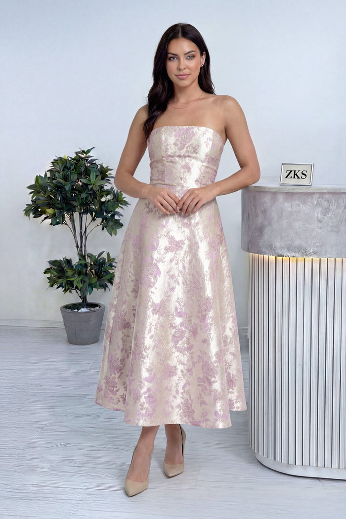 Kadın Bej Çiçek Desenli Straplez Jakar Midi Boy Abiye Elbise