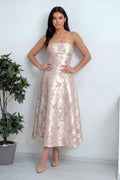Kadın Bej Çiçek Desenli Straplez Jakar Midi Boy Abiye Elbise