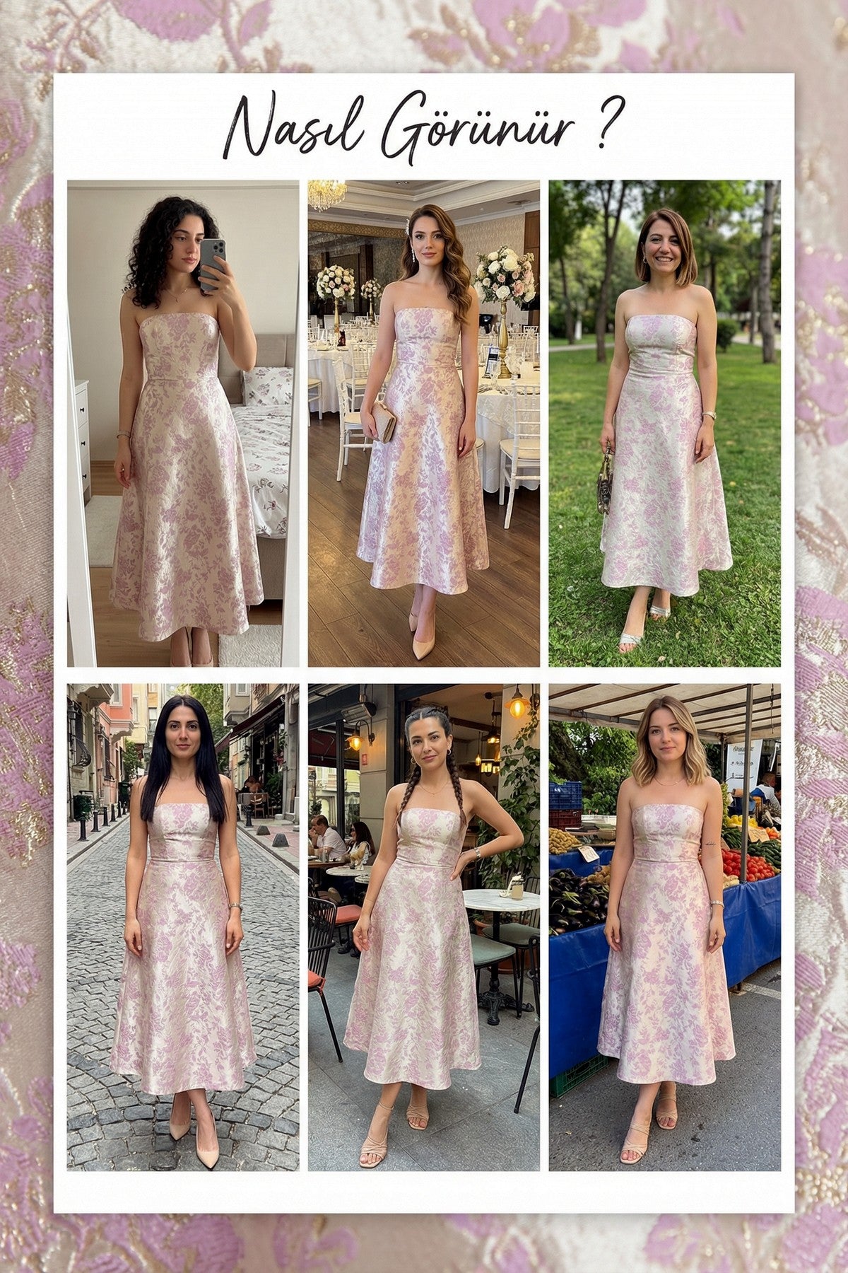 Straplez midi boy çiçek desenli jakar bej abiye elbise denemeleri 