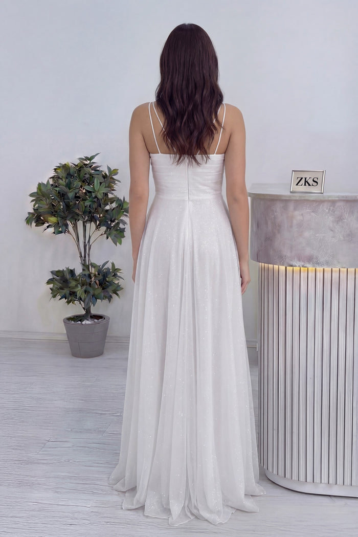 Beyaz Askılı Ön Drapeli Yırtmaçlı Simli Nikah Abiye Elbise