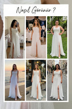 Beyaz Askılı Ön Drapeli Yırtmaçlı Simli Nikah Abiye Elbise denemeleri