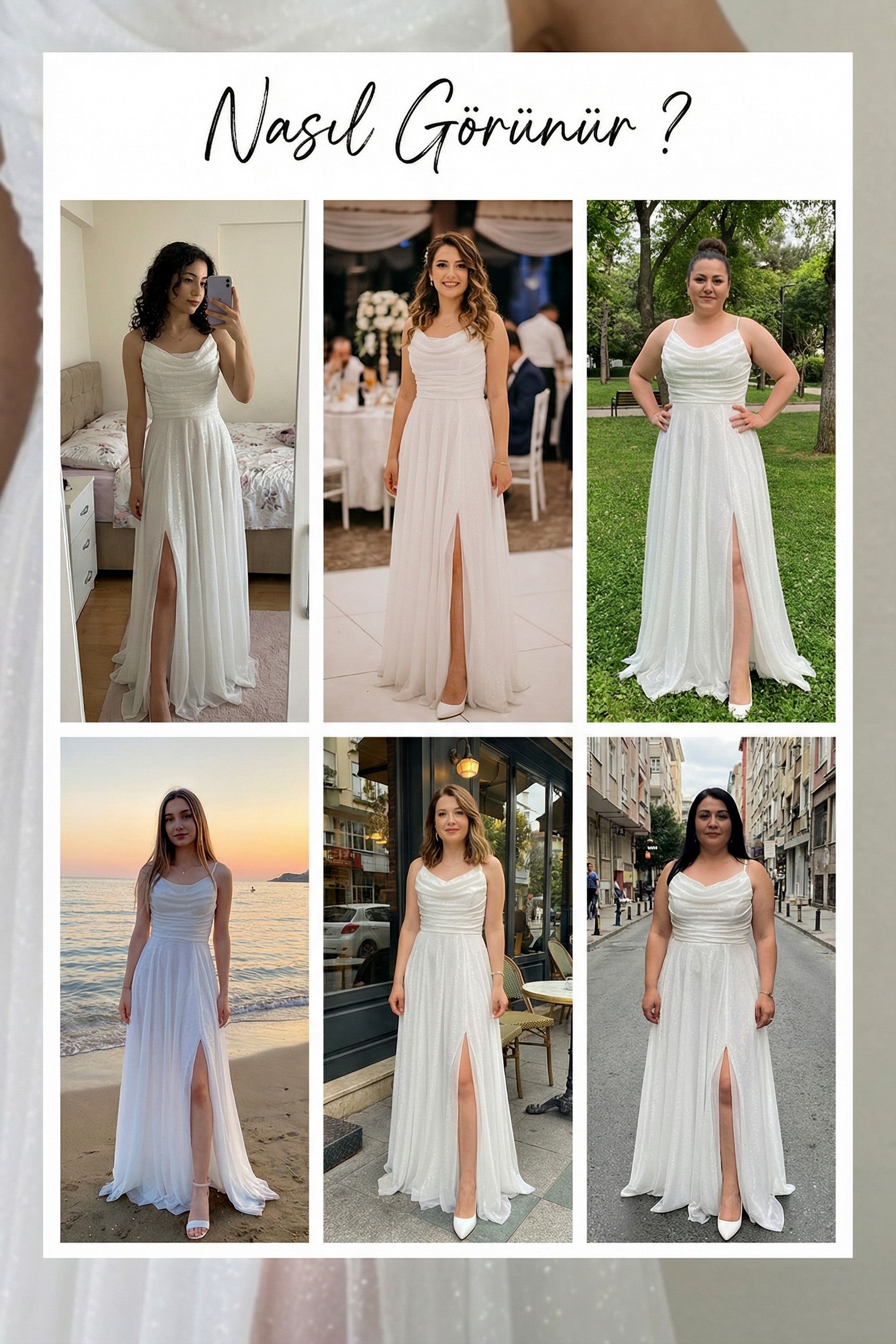 Beyaz Askılı Ön Drapeli Yırtmaçlı Simli Nikah Abiye Elbise denemeleri