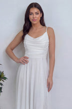 Beyaz Askılı Ön Drapeli simli şifon nikah abiye elbise yakın detay