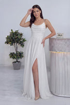 Drapeli simli kumaş yırtmaç detaylı uzun abiye beyaz söz nişan nikah