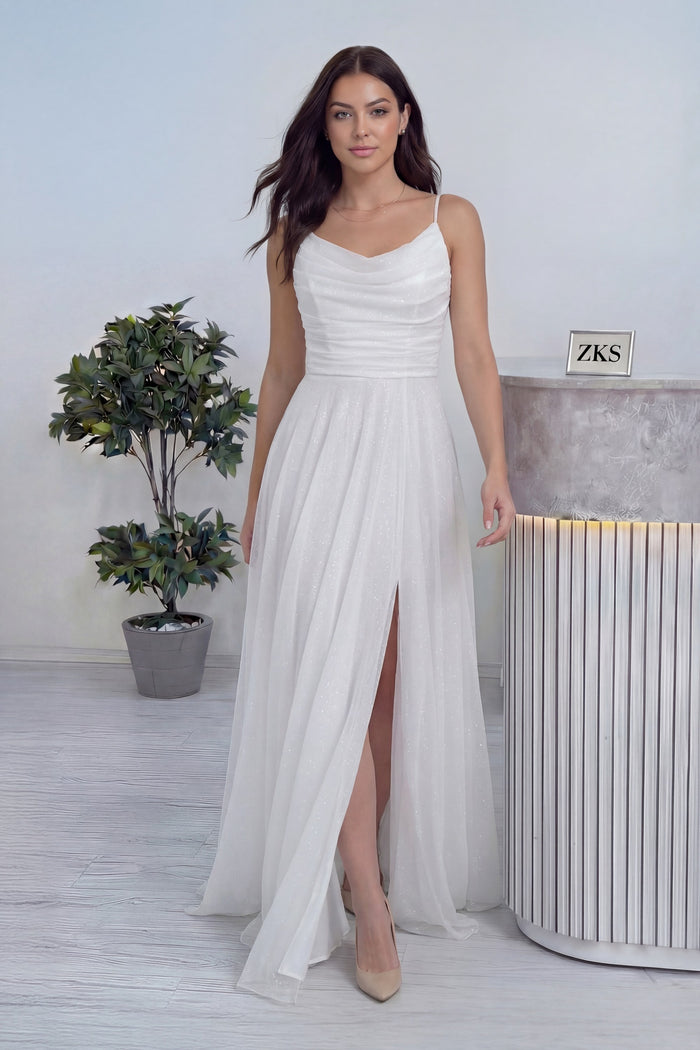 Beyaz Askılı Ön Drapeli Yırtmaçlı Simli Nikah Abiye Elbise