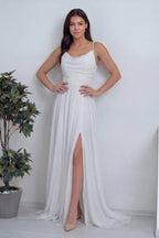 Önden drapeli simli kumaş yırtmaçlı ince askılı söz nişan için abiye