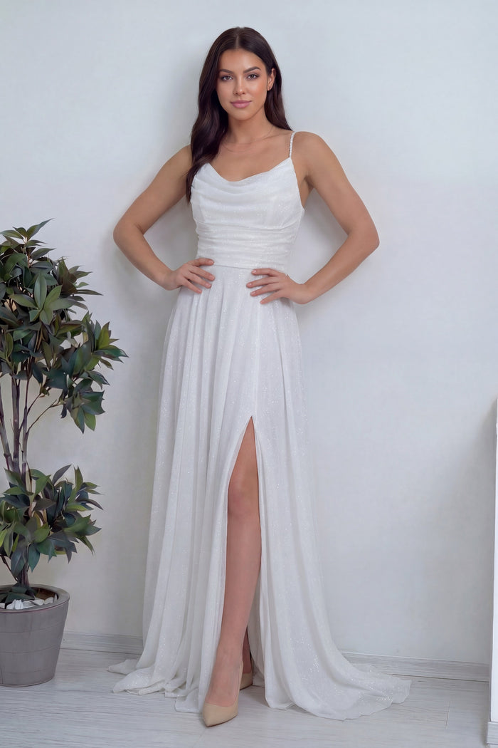 Beyaz Askılı Ön Drapeli Yırtmaçlı Simli Nikah Abiye Elbise