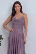 Mezuniyet için drape detaylı askılı abiye simli şifon kumaş 