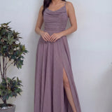 Lila Askılı Ön Drapeli Yırtmaçlı Simli Abiye Elbise