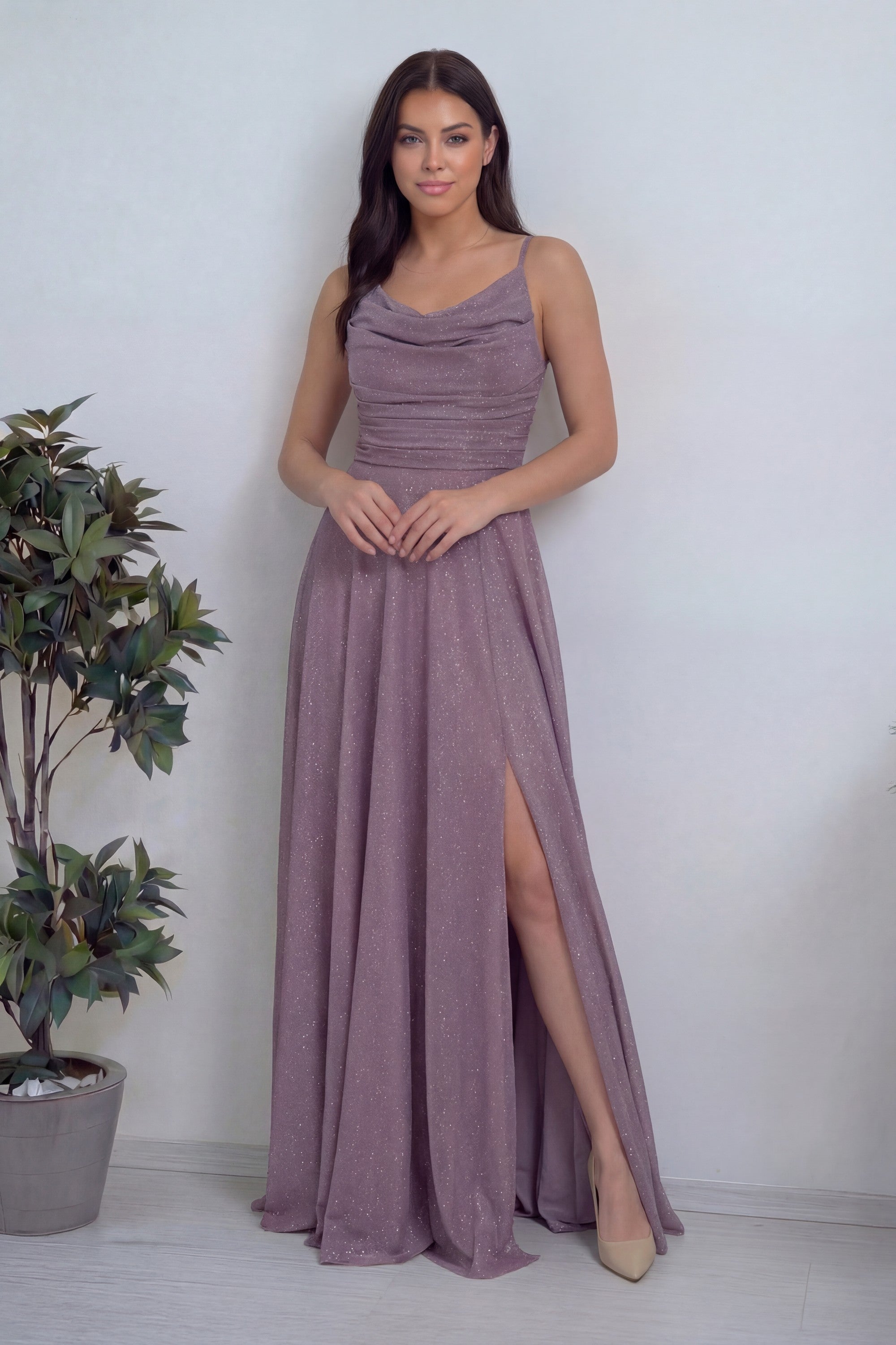 Lila Askılı Ön Drapeli Yırtmaçlı Simli Abiye Elbise