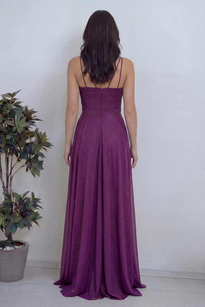 Mürdüm Askılı Ön Drapeli Yırtmaçlı Simli Abiye Elbise