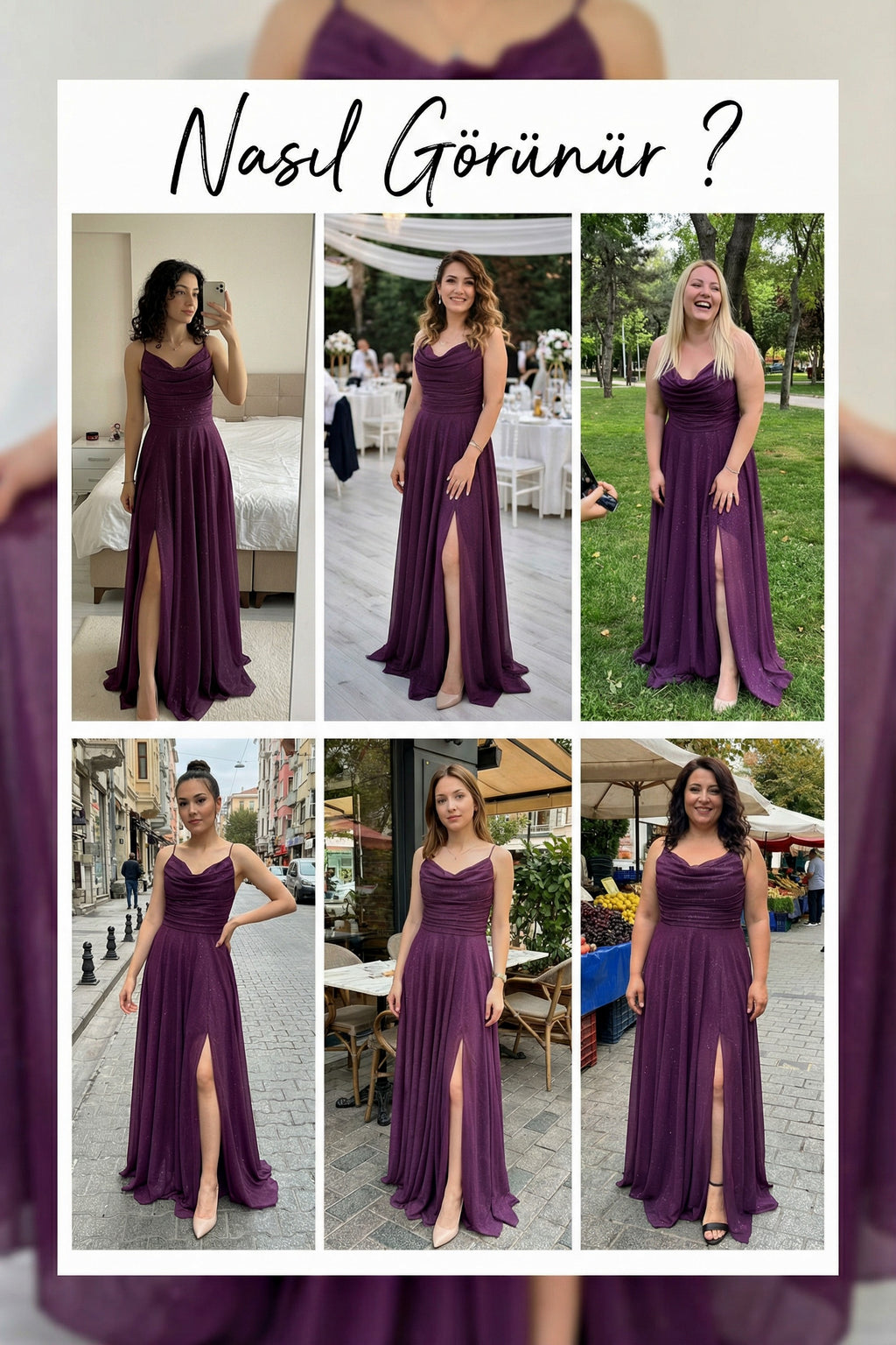 Askılı Mürdüm Ön Drapeli Yırtmaçlı Simli Abiye denemeleri