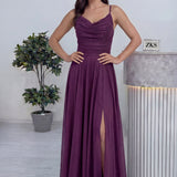 Mürdüm Askılı Ön Drapeli Yırtmaçlı Simli Abiye Elbise