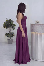 Drapeli yan duruş simli mürdüm uzun abiye düğün davet 