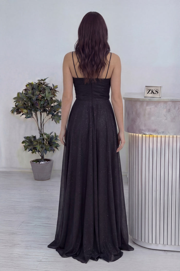 Siyah Askılı Ön Drapeli Yırtmaçlı Simli Abiye Elbise