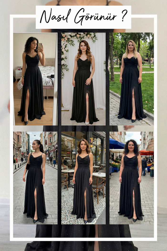 Siyah Askılı Ön Drapeli Yırtmaçlı Simli Abiye Elbise