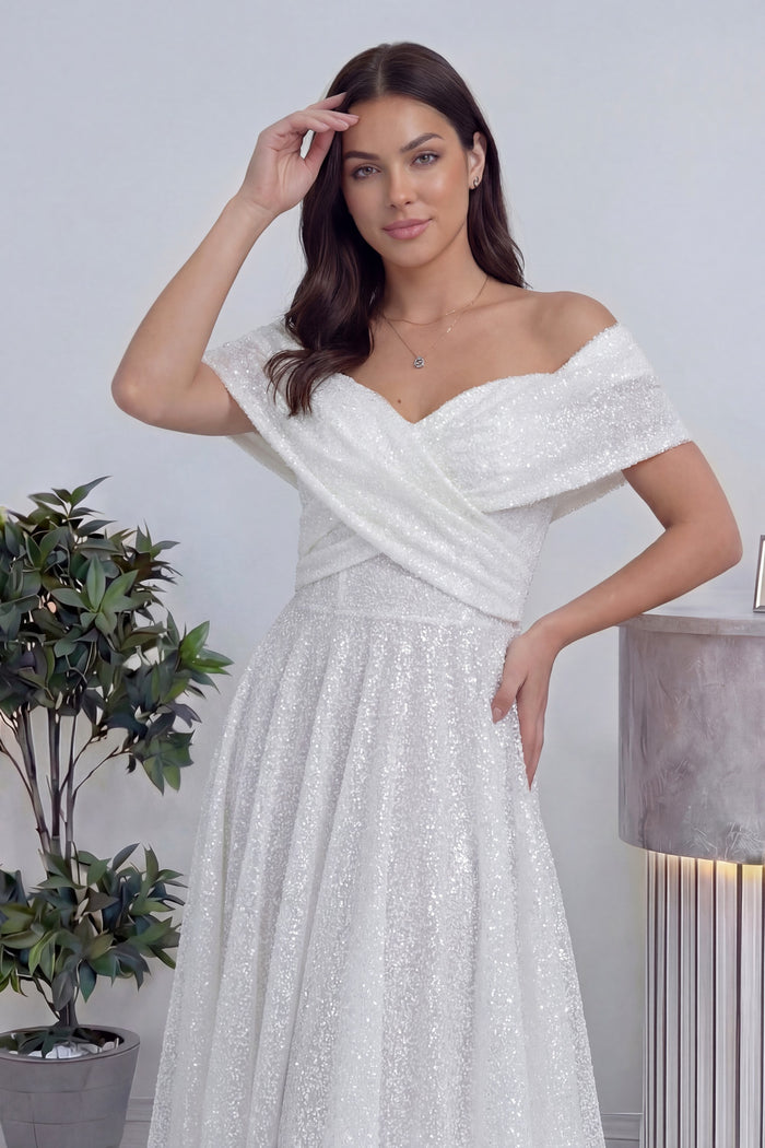 Beyaz Düşük Omuz Pullu Midi Boy Nikah Abiye Elbise