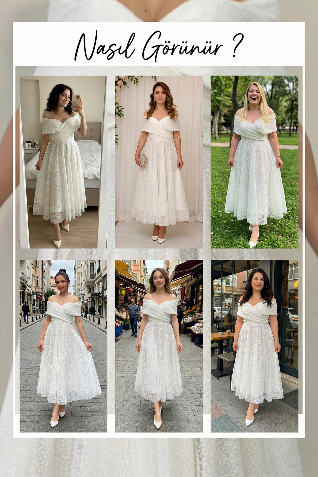 Beyaz Düşük Omuz Pullu Midi Kloş Nikah Abiye Denemeleri