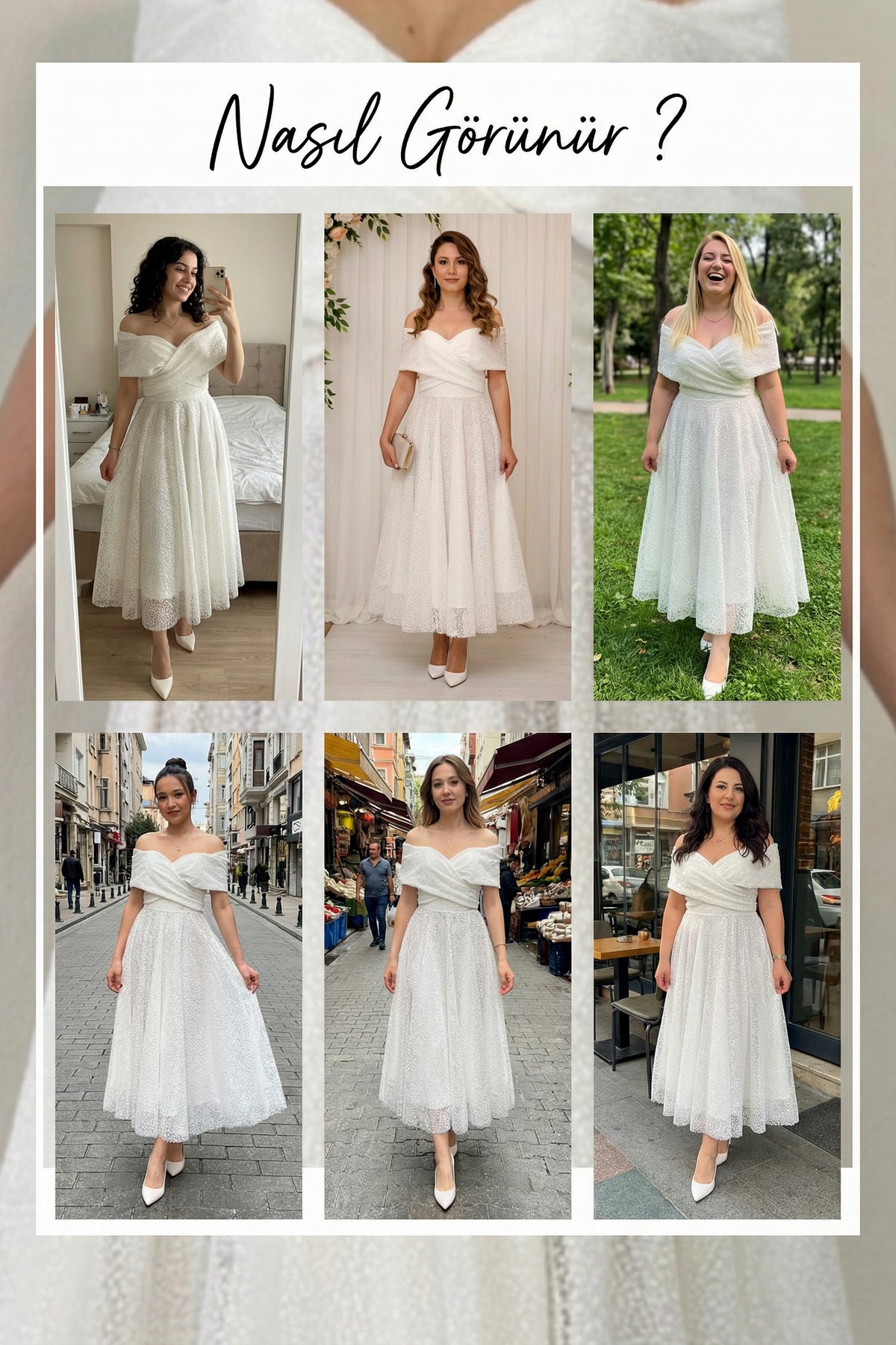 Beyaz Düşük Omuz Pullu Midi Kloş Nikah Abiye Denemeleri